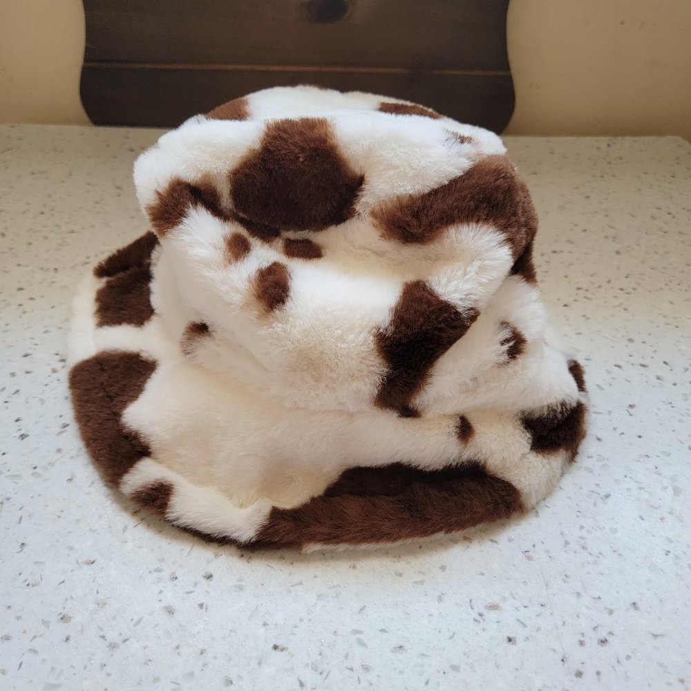 Brown Cow Print Plush Fluffy Bucket Hat